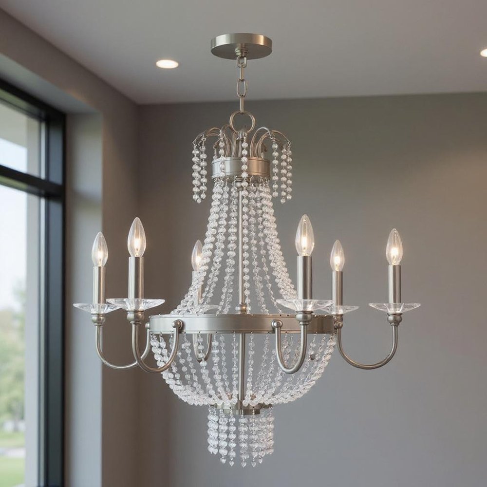 Nickel And Clear Six Light Metal Dimmable Chandelier With Shades
