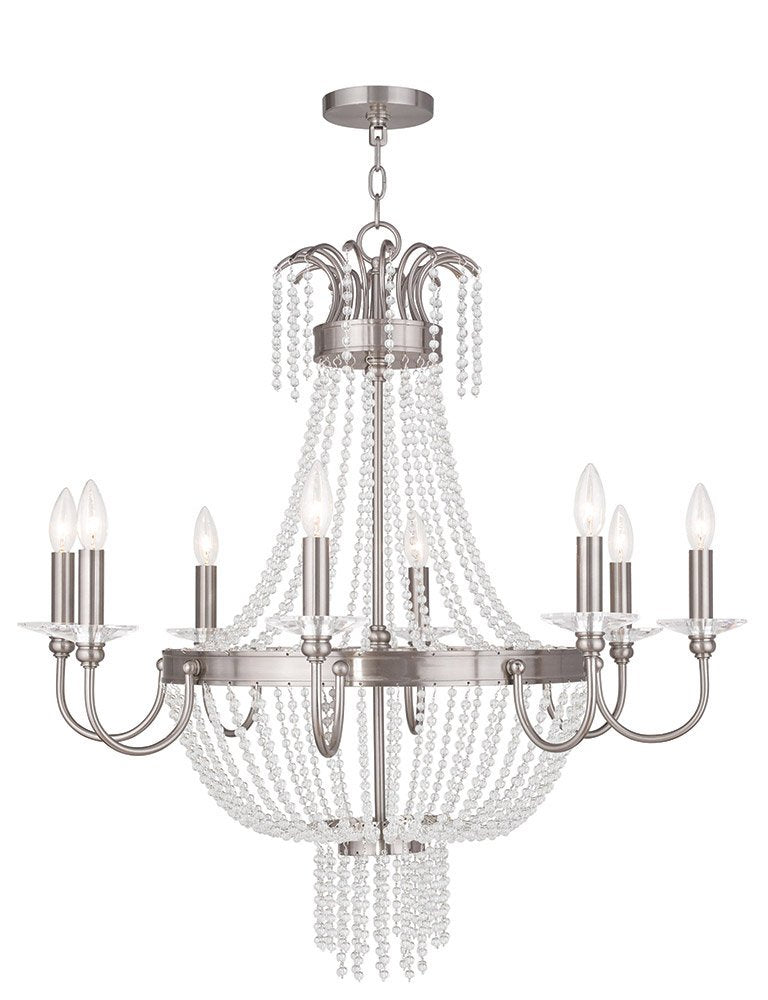 Nickel And Clear Eight Light Metal Dimmable Chandelier With Shades
