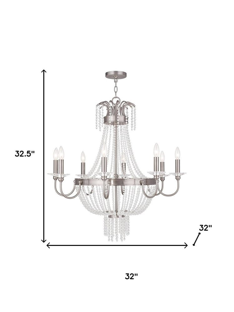 Nickel And Clear Eight Light Metal Dimmable Chandelier With Shades