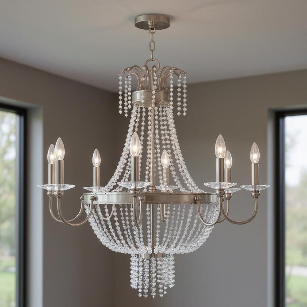 Nickel And Clear Eight Light Metal Dimmable Chandelier With Shades