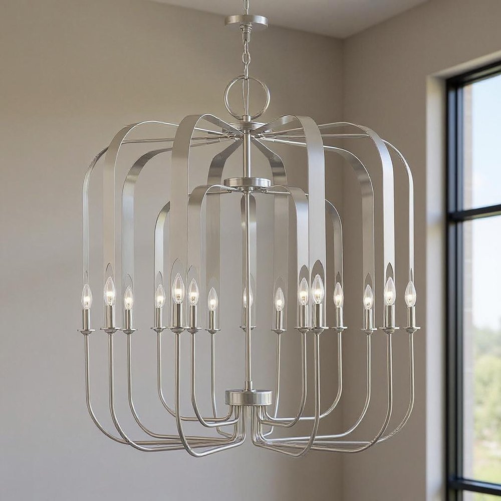 Nickel Multi Light Metal Dimmable Chandelier With Shades