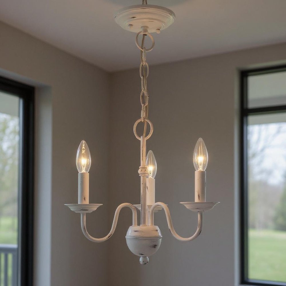 Antiqued White Three Light Metal Dimmable Chandelier With Shades