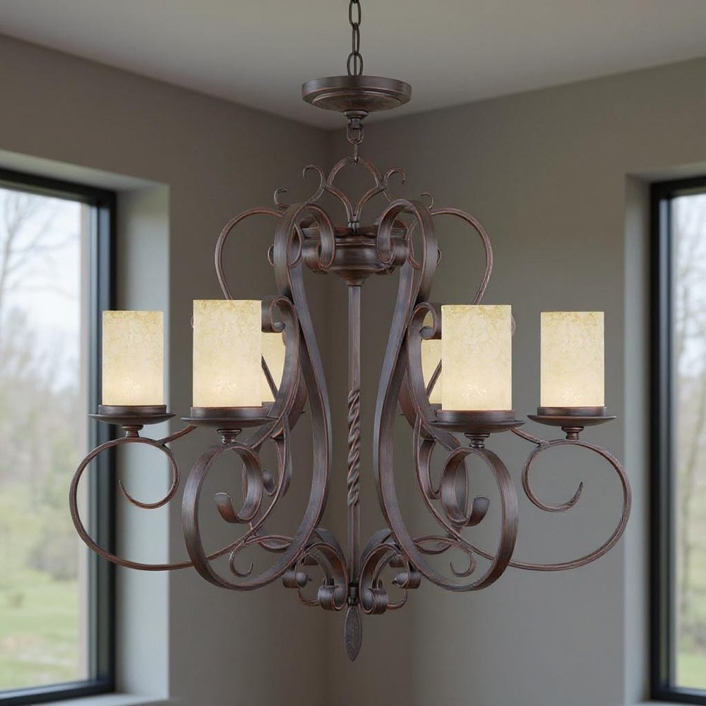 Bronze And Cream Six Light Metal Dimmable Chandelier With Shades
