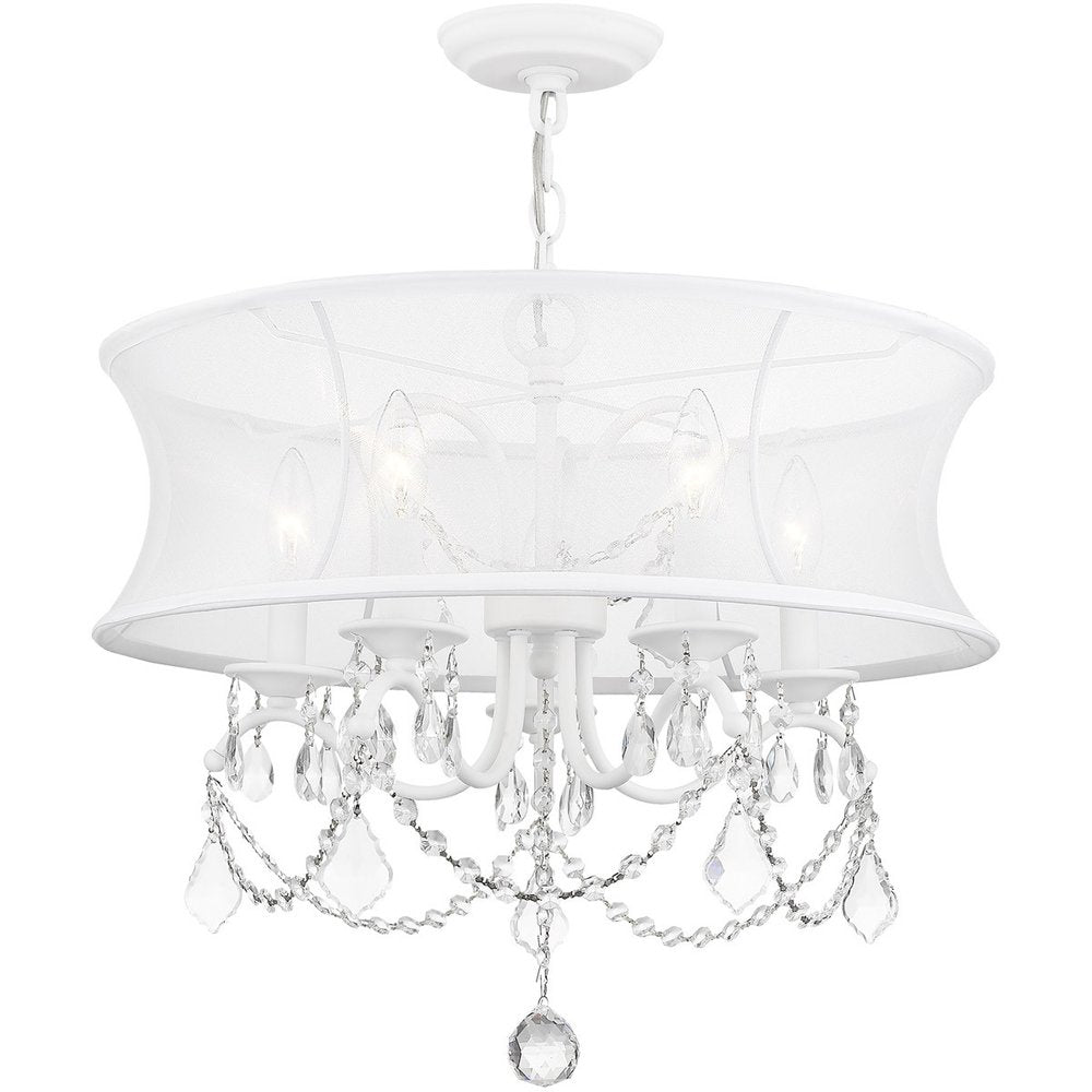 White Five Light Metal Dimmable Chandelier With Shades