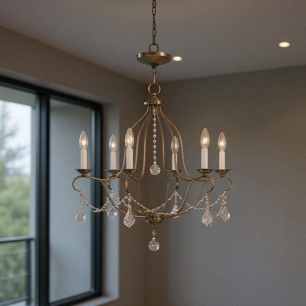 Antiqued Brass Six Light Metal Dimmable Chandelier With Shades