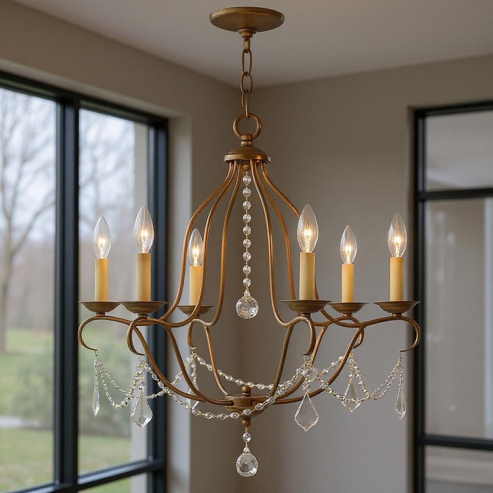 Antiqued Gold Six Light Metal Dimmable Chandelier With Shades