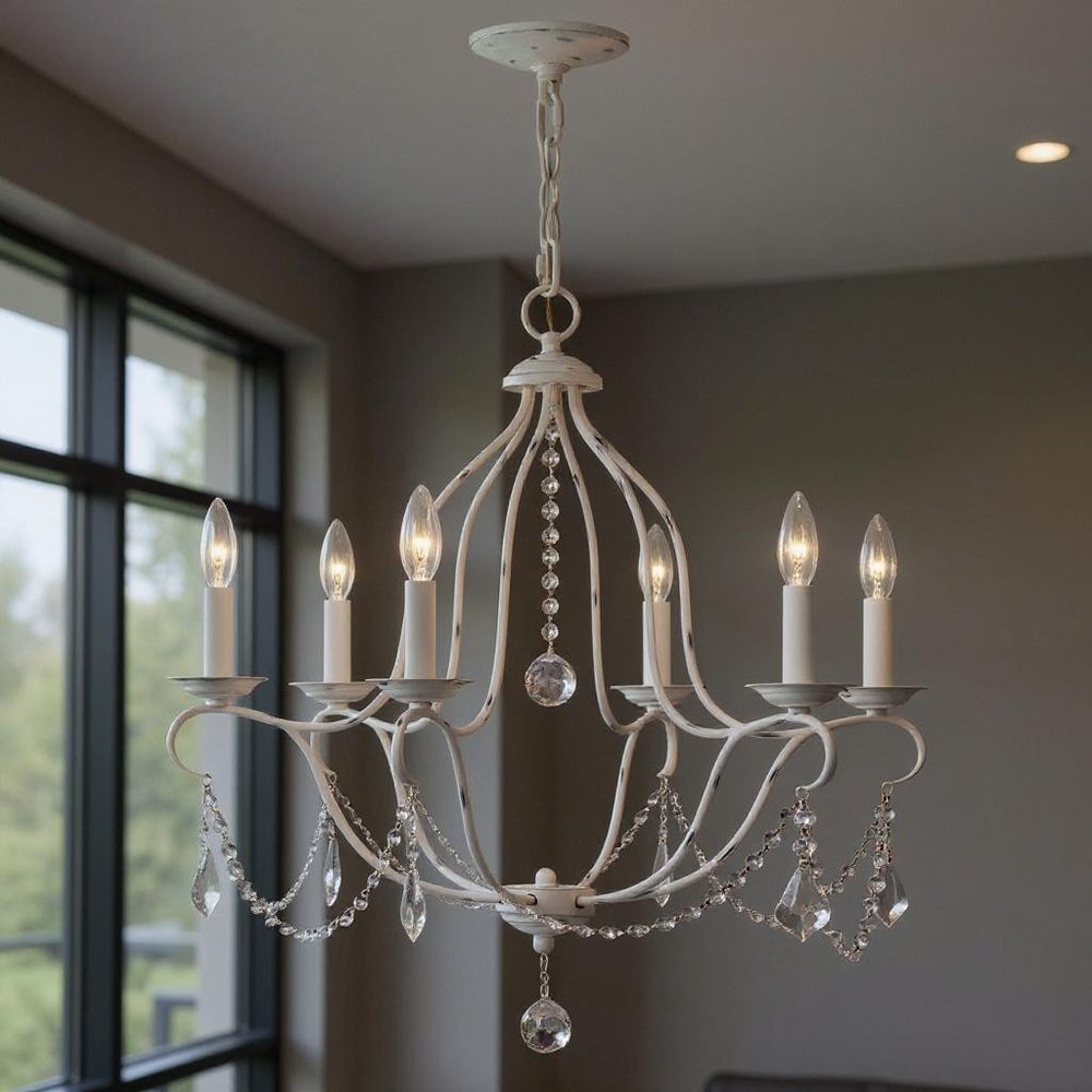 Antiqued White Six Light Metal Dimmable Chandelier With Shades