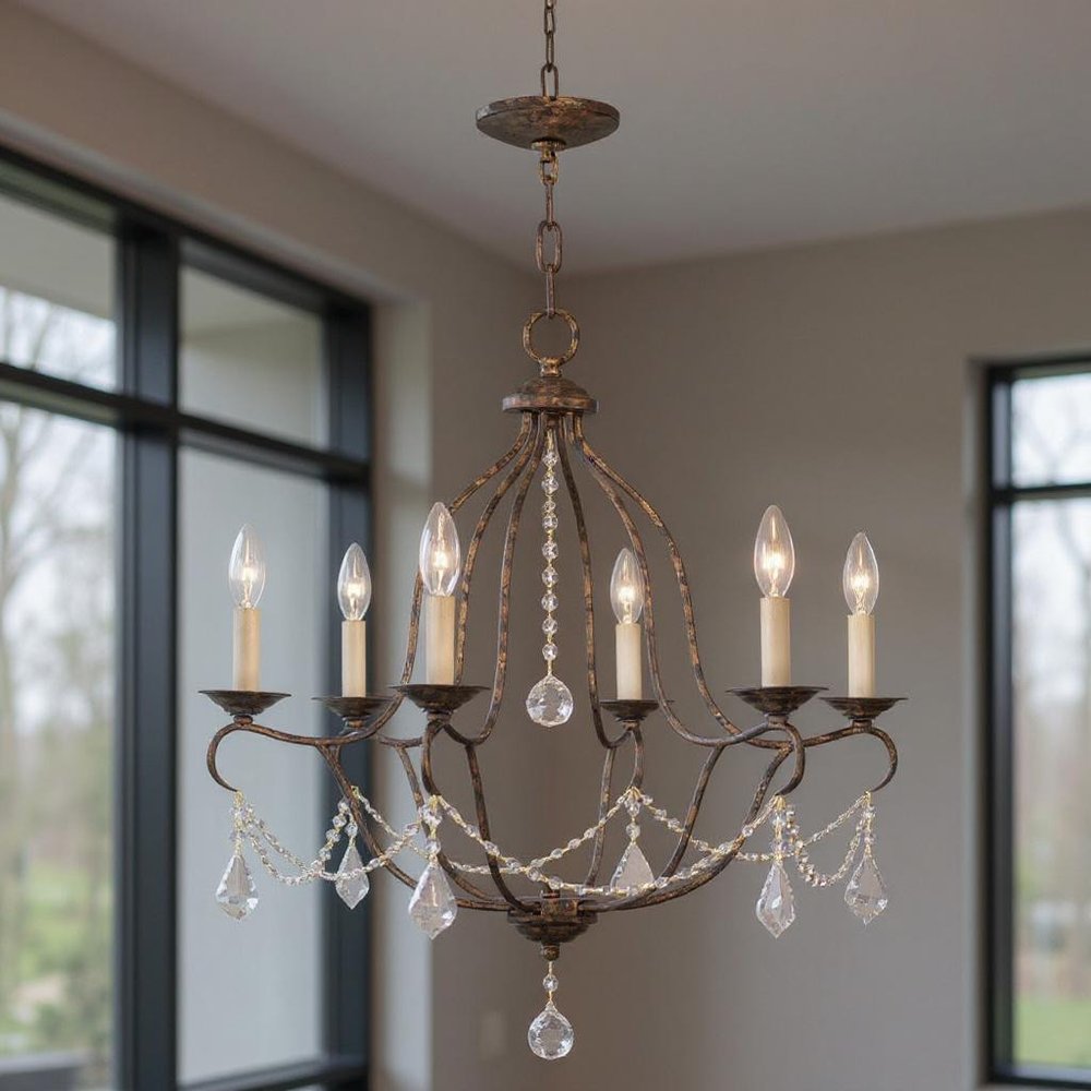 Bronze Six Light Metal Dimmable Chandelier With Shades