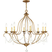 Antiqued Gold Eight Light Metal Dimmable Chandelier With Shades