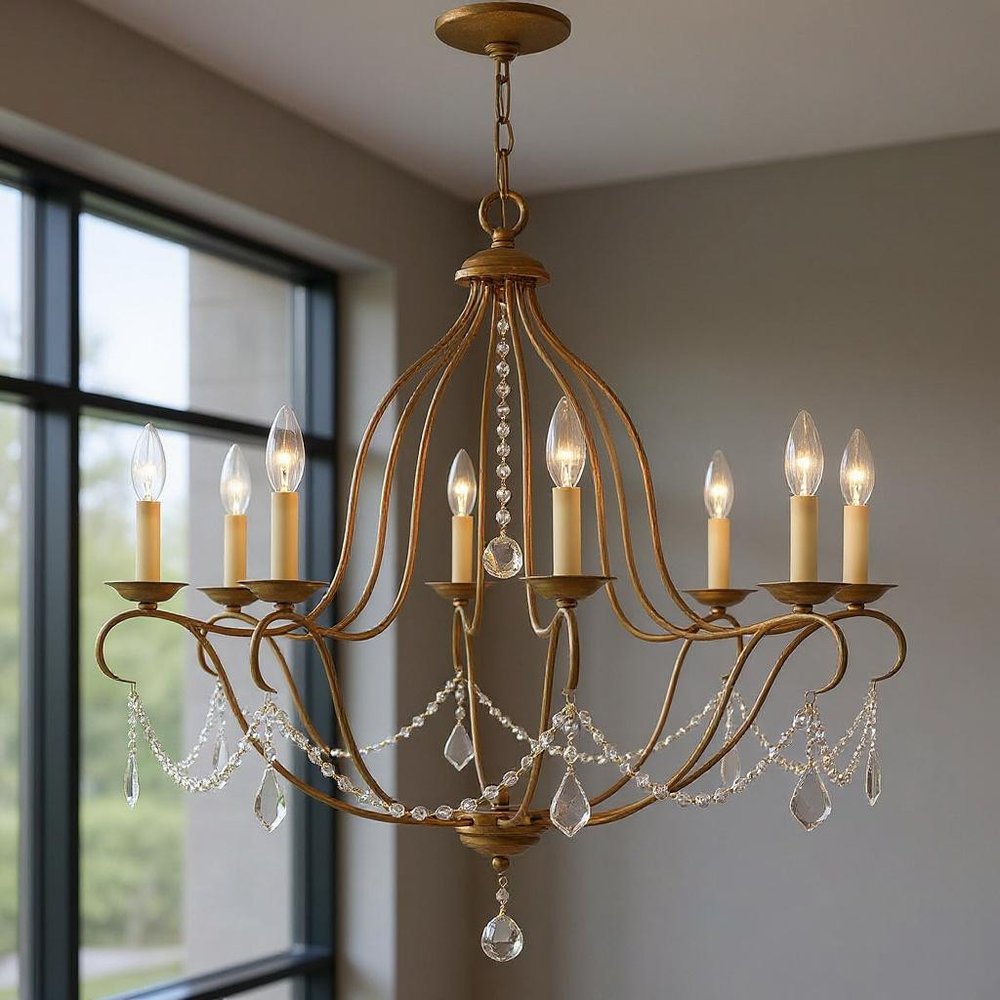 Antiqued Gold Eight Light Metal Dimmable Chandelier With Shades