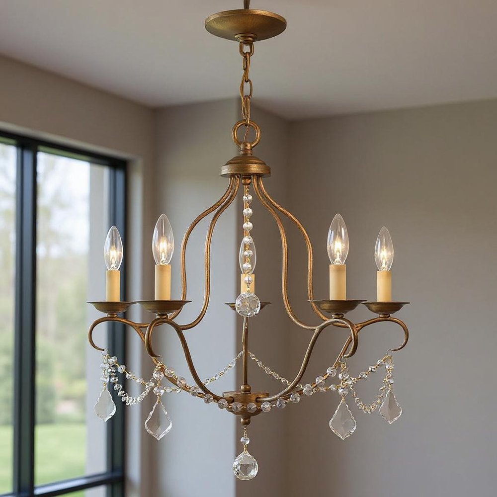 Antiqued Gold Five Light Metal Dimmable Chandelier With Shades