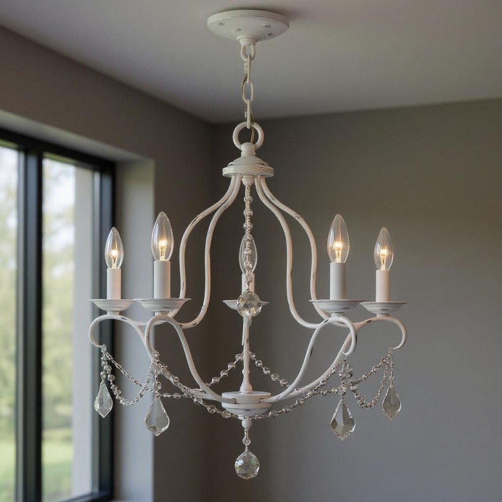 Antiqued White Five Light Metal Dimmable Chandelier With Shades