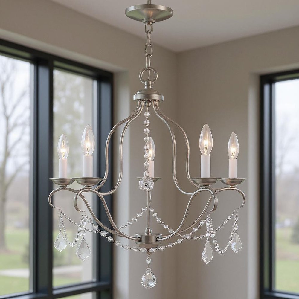 Nickel Five Light Metal Dimmable Chandelier With Shades
