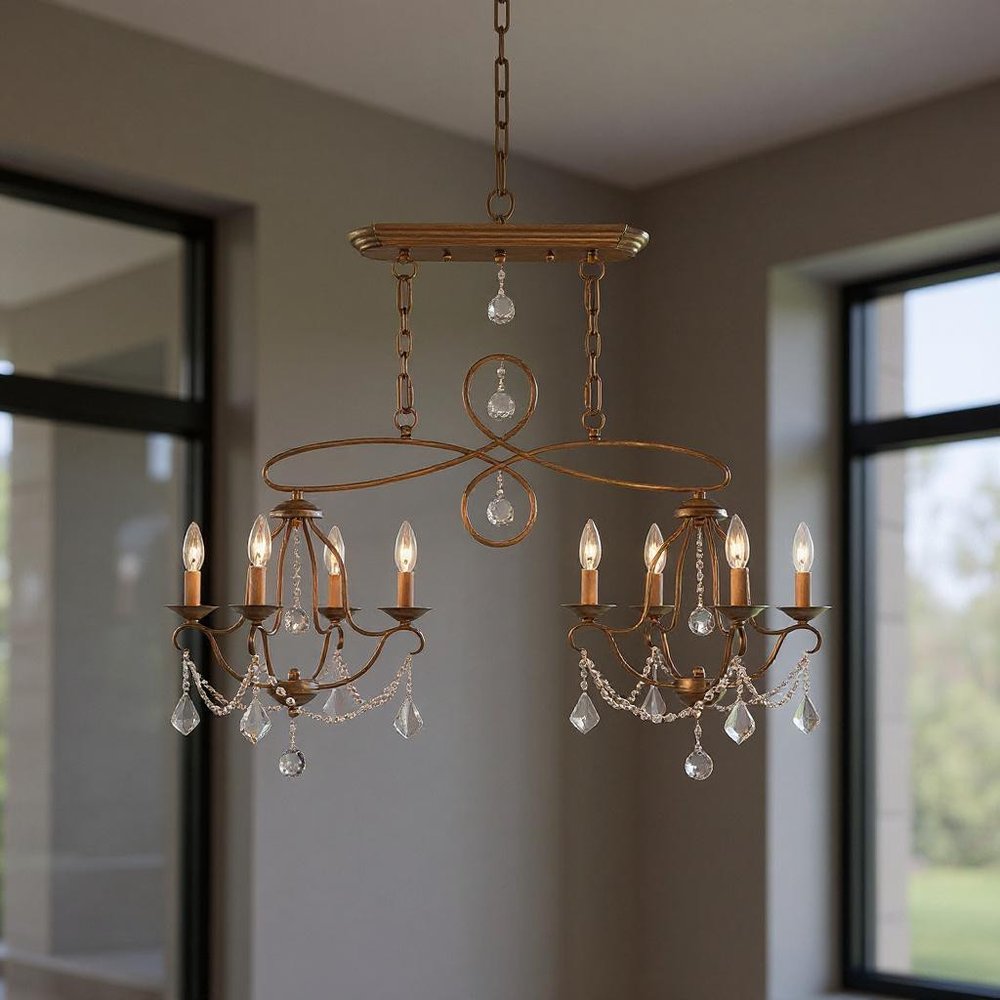 Gold Eight Light Metal Dimmable Chandelier With Shades