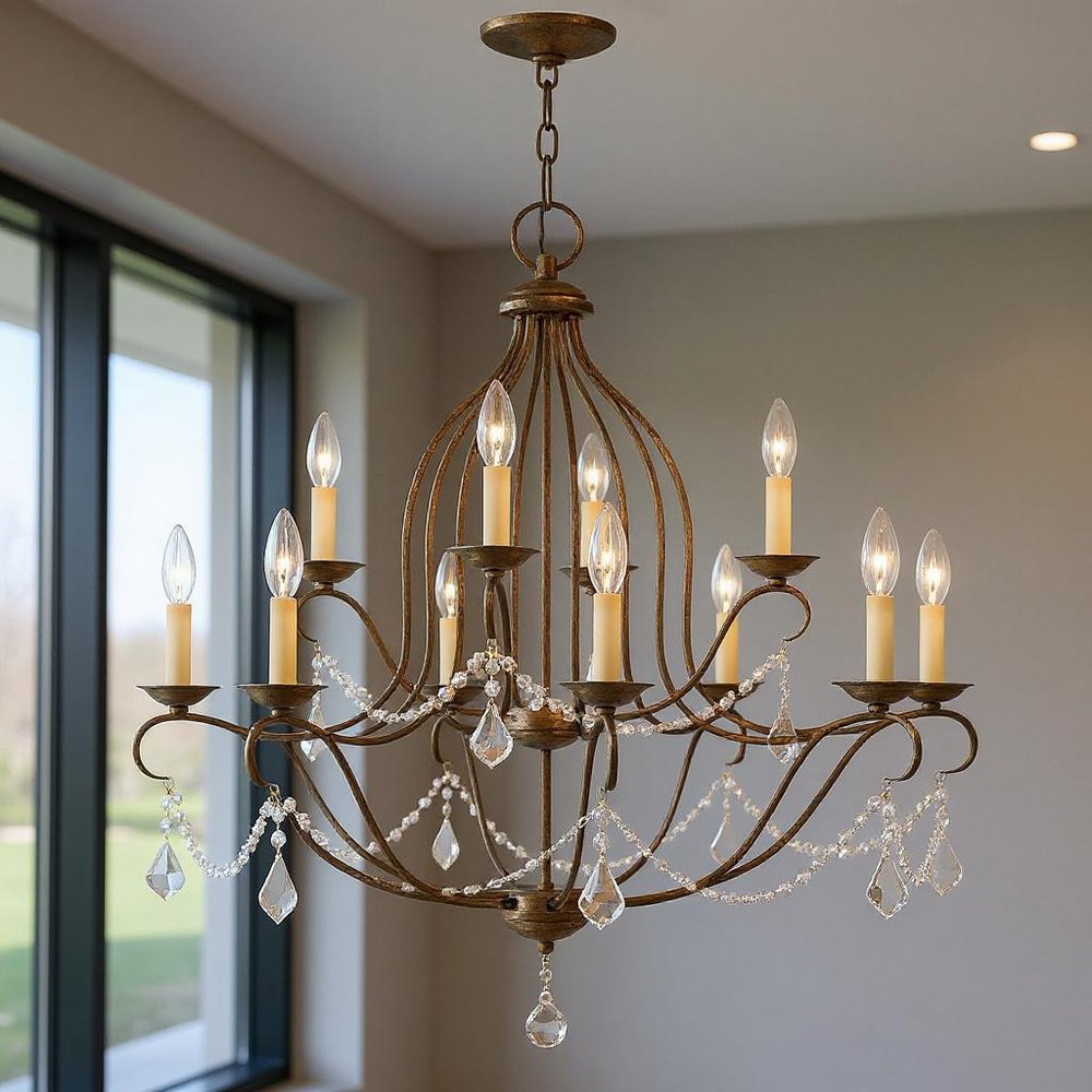 Bronze Twelve Light Metal Dimmable Chandelier With Shades