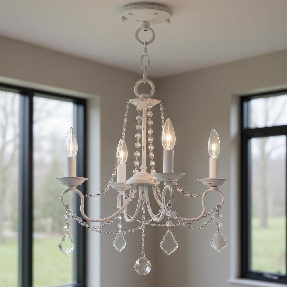 Antiqued White Four Light Metal Dimmable Chandelier With Shades