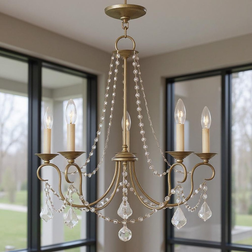 Silver Five Light Metal Dimmable Chandelier With Shades