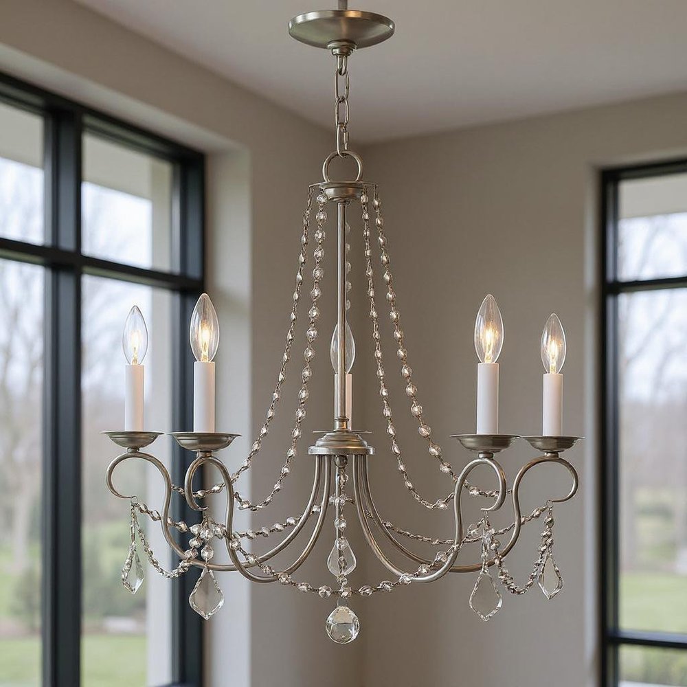 Nickel Five Light Metal Dimmable Chandelier With Shades