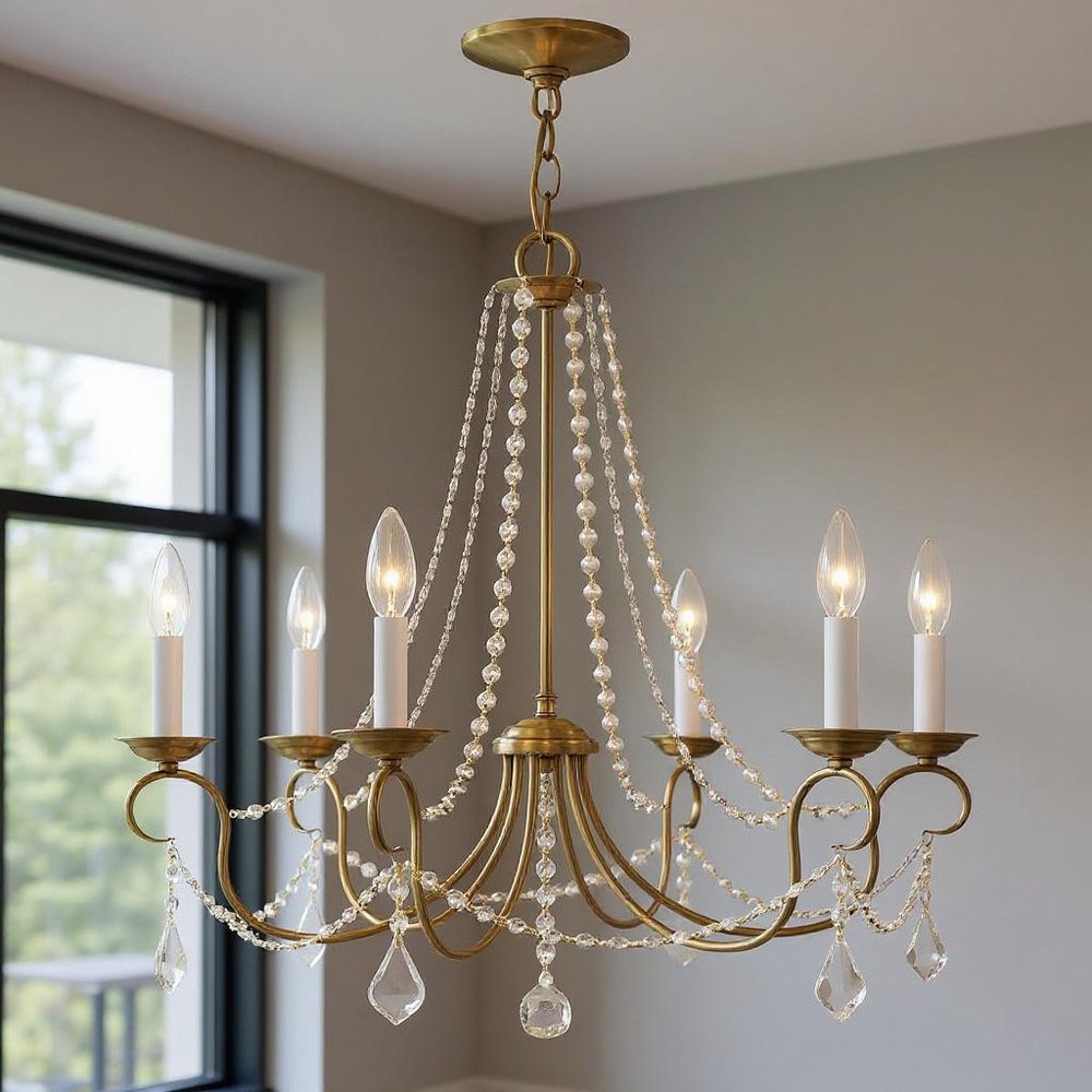 Antiqued Brass Six Light Metal Dimmable Chandelier With Shades