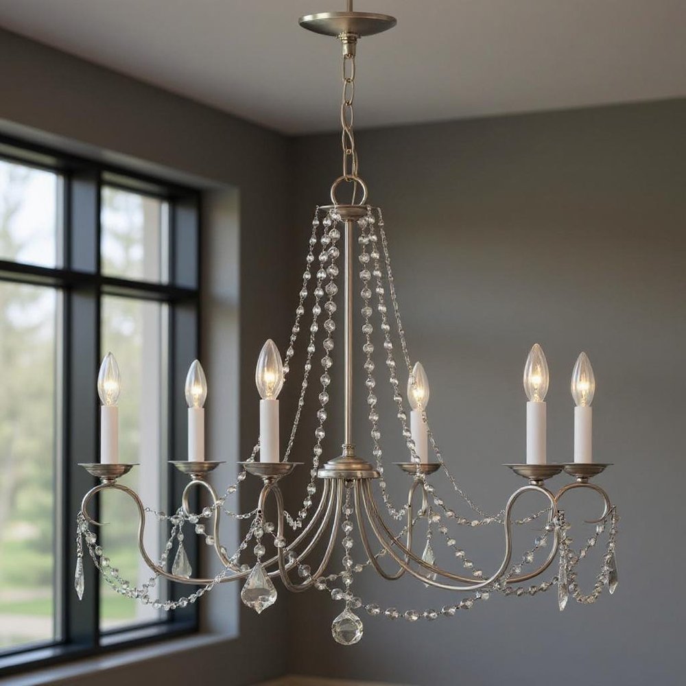 Nickel Six Light Metal Dimmable Chandelier With Shades