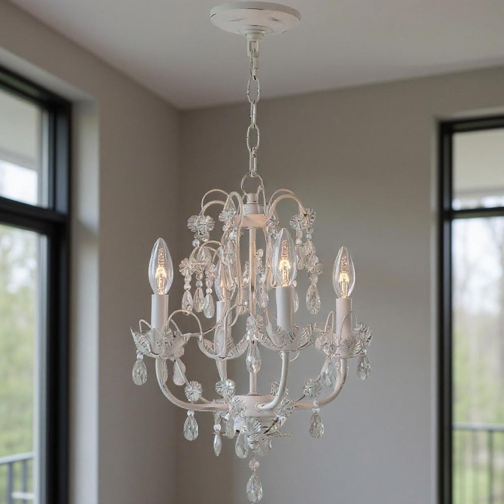 Antiqued White Four Light Metal Dimmable Chandelier With Shades