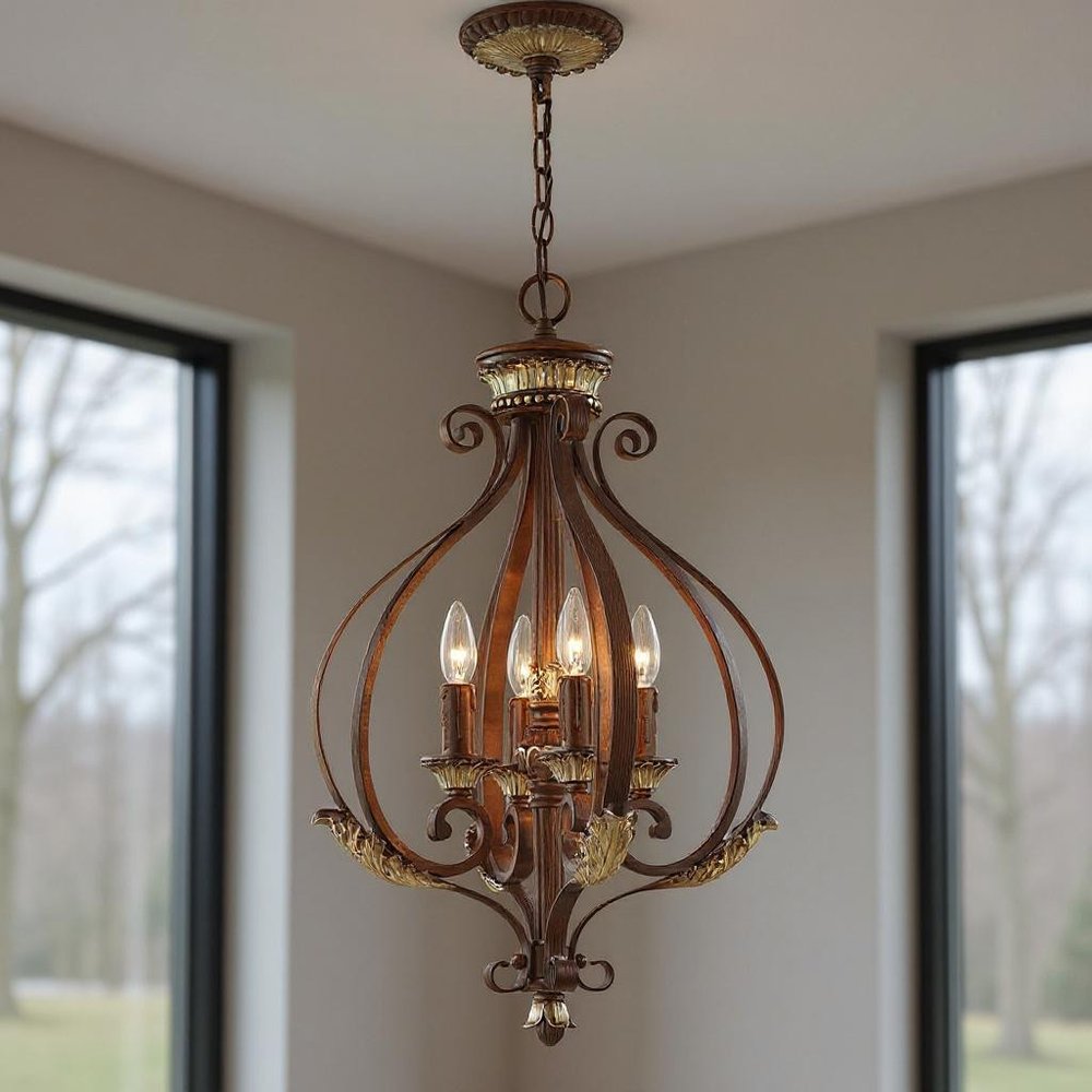 Bronze Four Light Metal Dimmable Chandelier With Shades