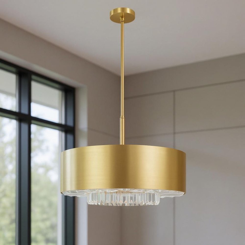 Brass Six Light Metal Dimmable Chandelier With Shades