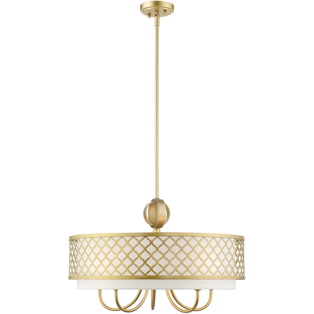 Gold And Off White Six Light Metal Dimmable Chandelier With Shades