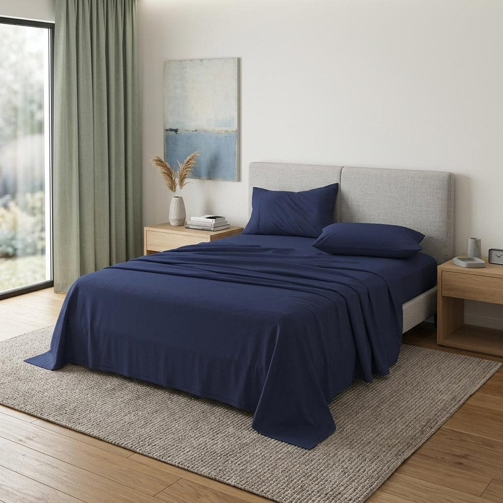 Four Piece Navy Blue Cotton Queen Sheet Set