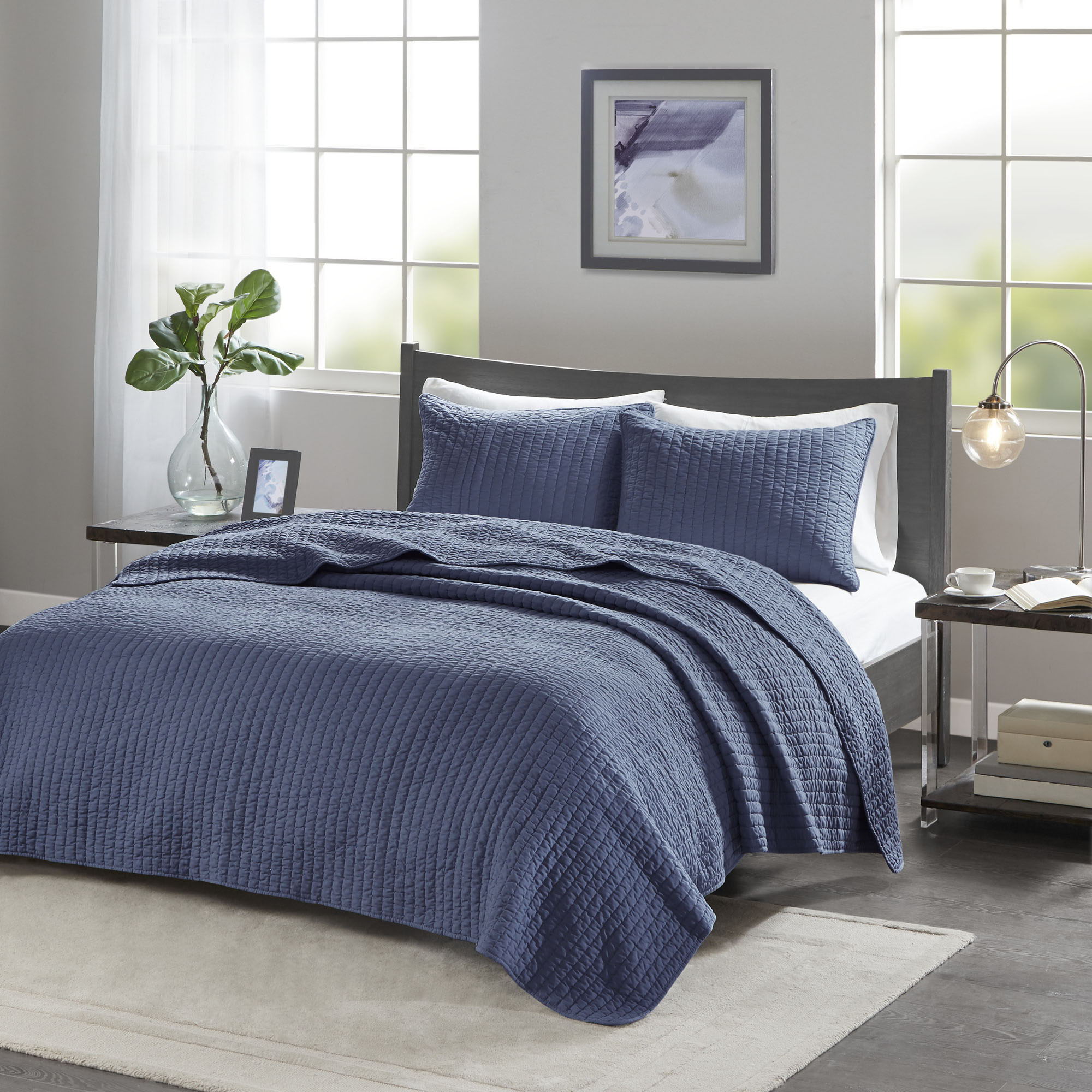 Keaton - King Reversible Coverlet Set - Navy