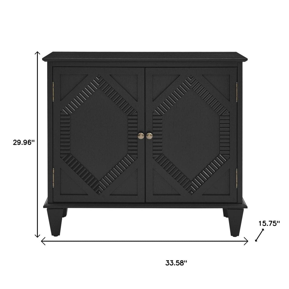34" Black Wood Carved Geometric Accent Cabinet With Two Doors