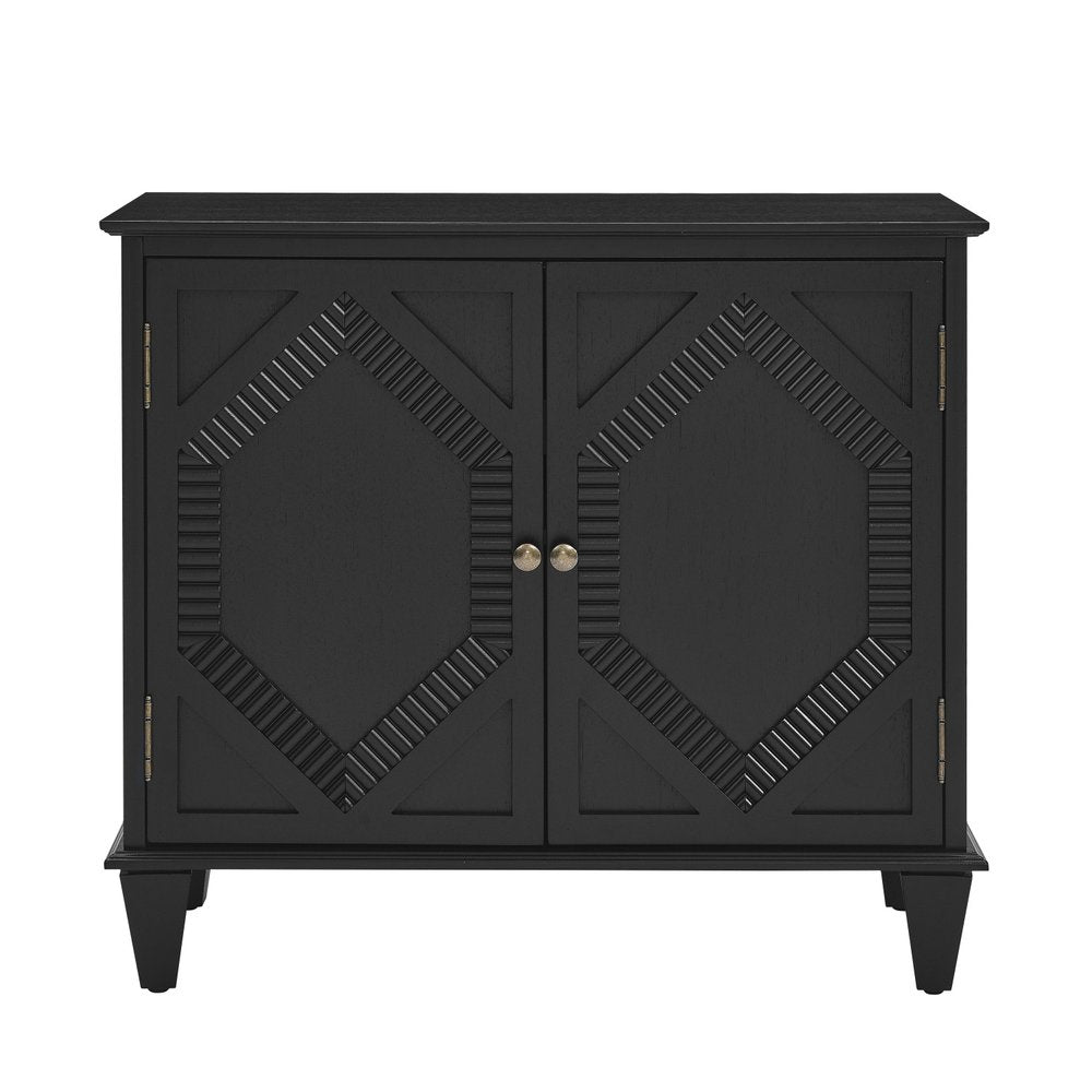 34" Black Wood Carved Geometric Accent Cabinet With Two Doors