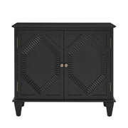 34" Black Wood Carved Geometric Accent Cabinet With Two Doors