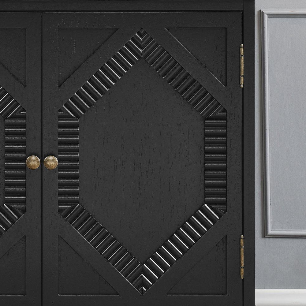 34" Black Wood Carved Geometric Accent Cabinet With Two Doors