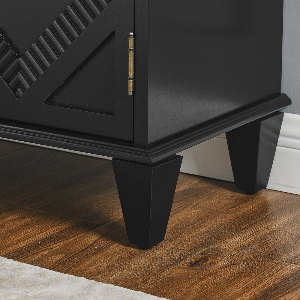 34" Black Wood Carved Geometric Accent Cabinet With Two Doors