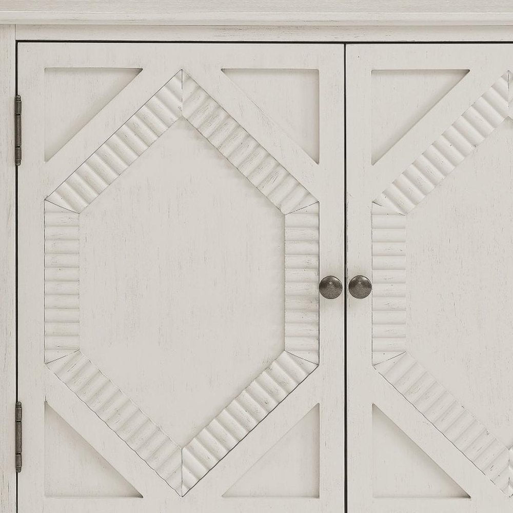 34" White Wood Carved Geometric Accent Cabinet With Two Doors