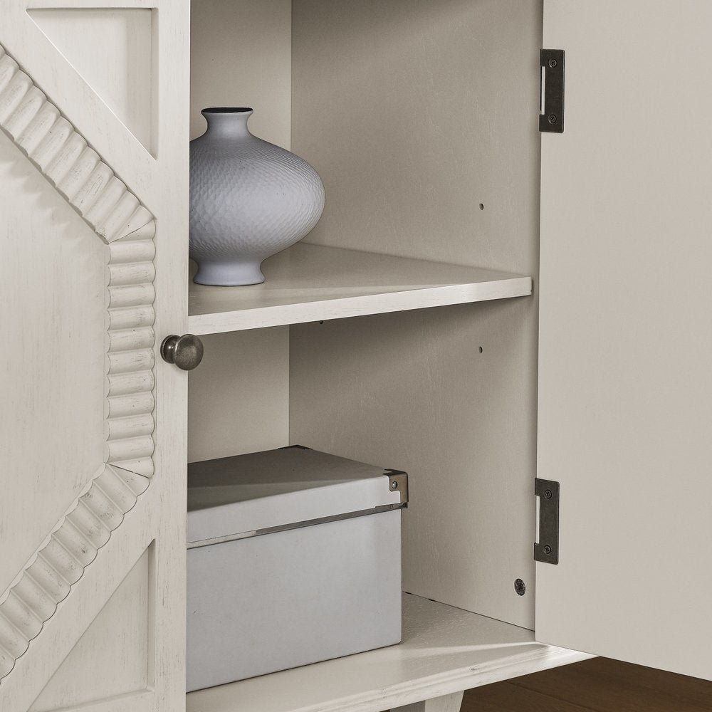 34" White Wood Carved Geometric Accent Cabinet With Two Doors