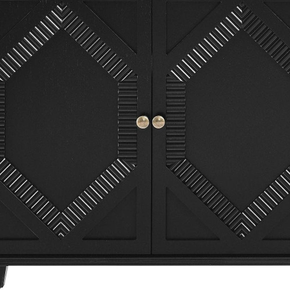 66" Black Wood Carved Geometric Accent Cabinet With Four Doors