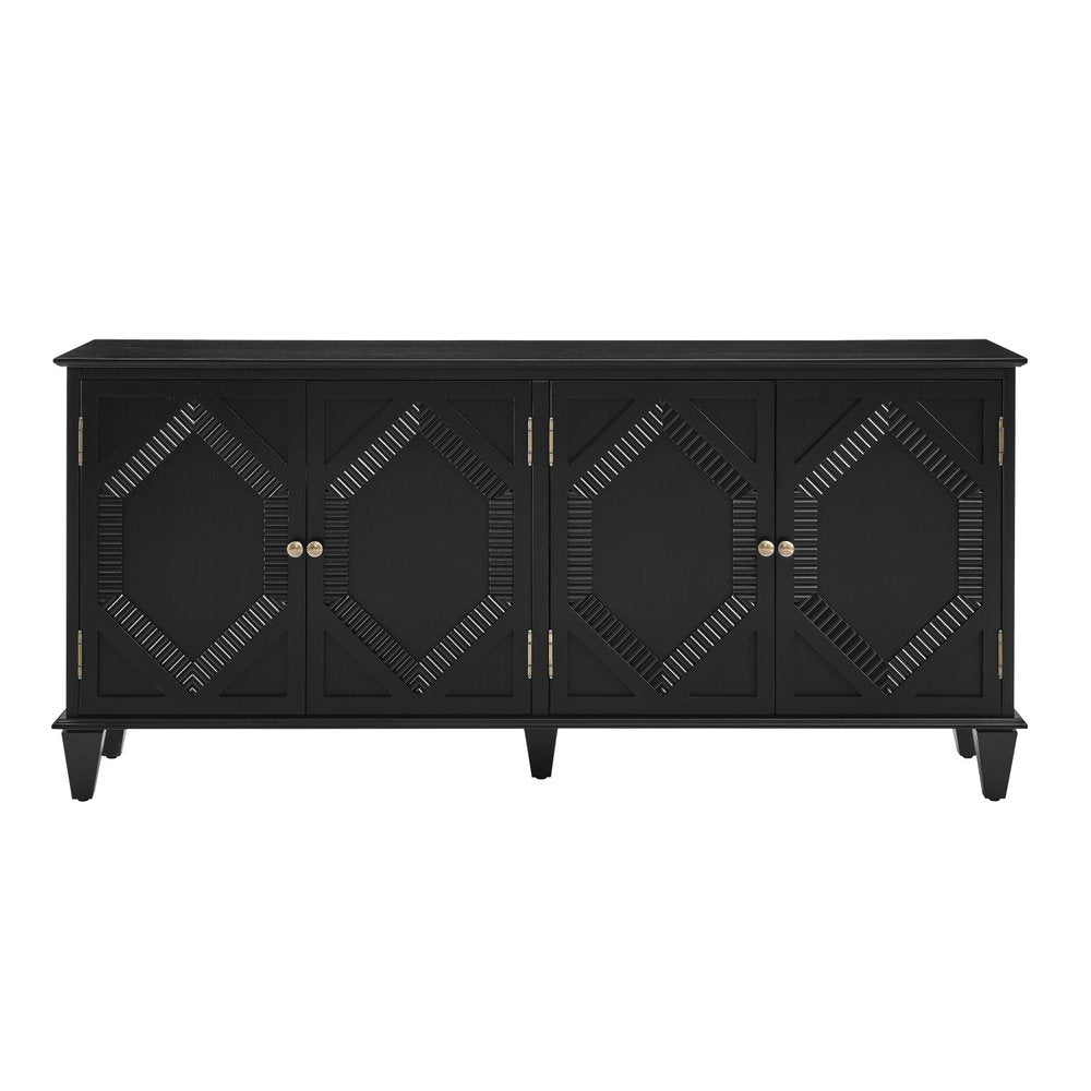 66" Black Wood Carved Geometric Accent Cabinet With Four Doors