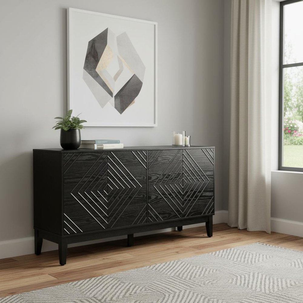 61" Black Wood Sideboard With Four Doors