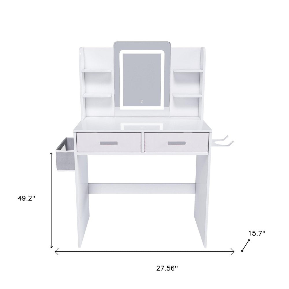 28" White Wood Mirrored Two Drawer Vanity Table And Lights