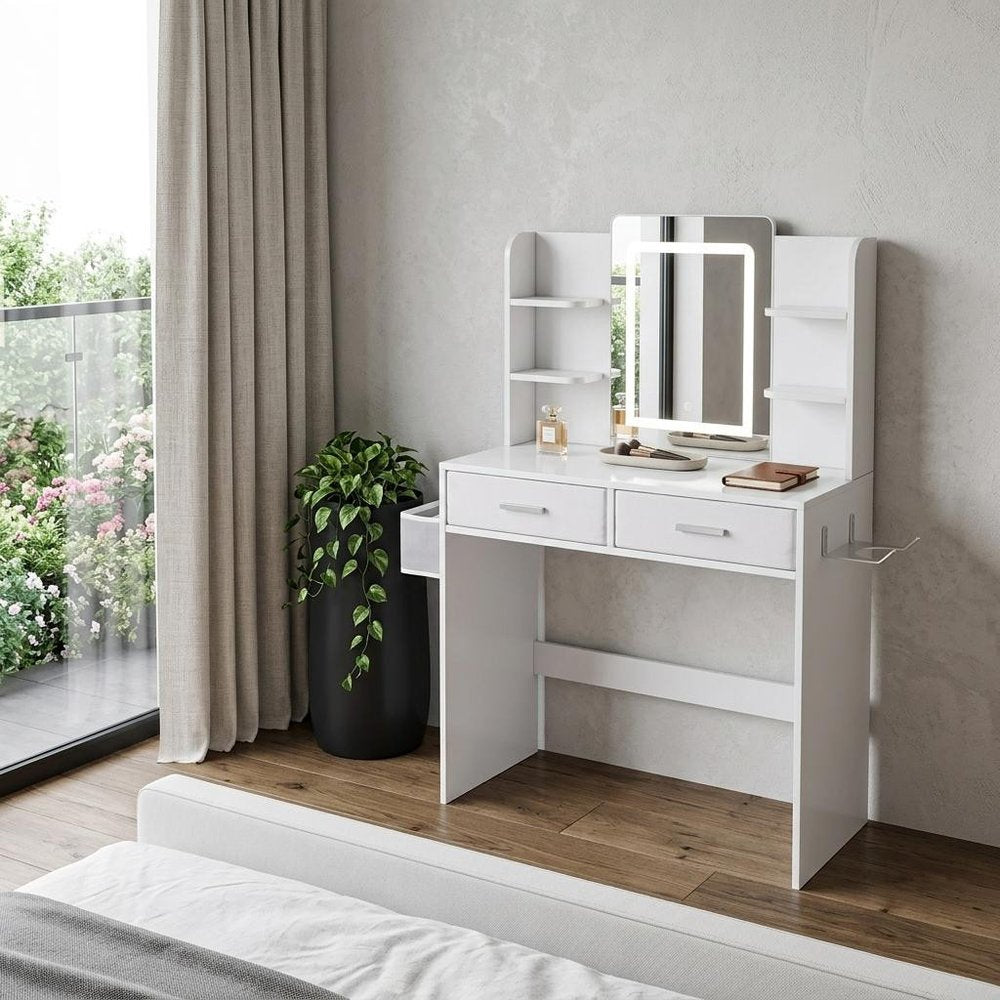 28" White Wood Mirrored Two Drawer Vanity Table And Lights