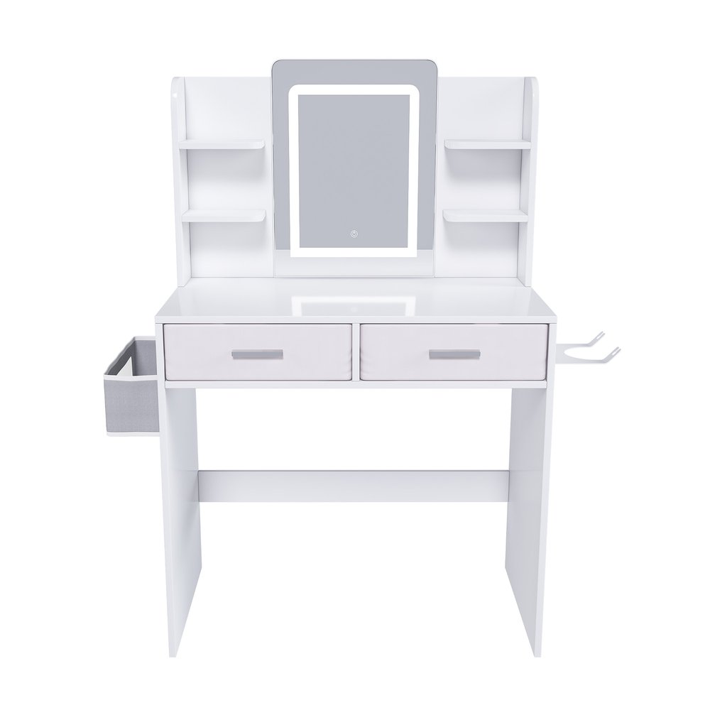 28" White Wood Mirrored Two Drawer Vanity Table And Lights