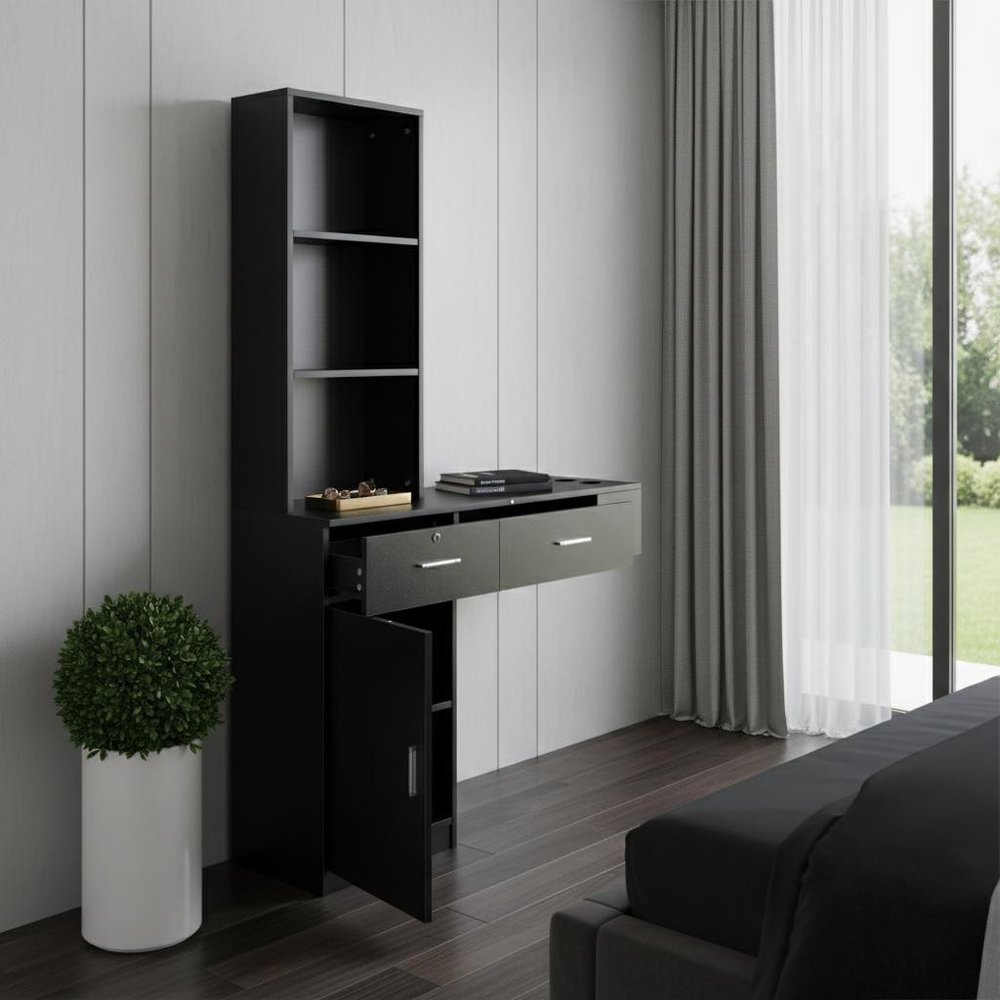 40" Black Wood Mirrored Two Drawer Vanity Table