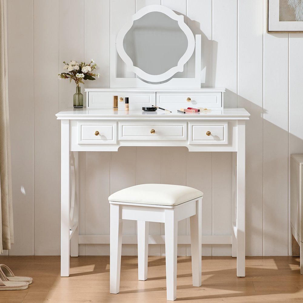 36" White Wood Mirrored Five Drawer Vanity Table