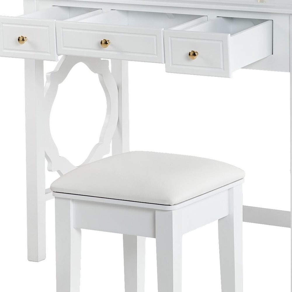 36" White Wood Mirrored Five Drawer Vanity Table