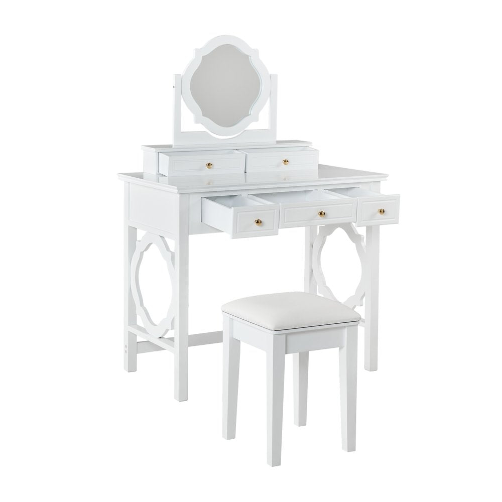 36" White Wood Mirrored Five Drawer Vanity Table