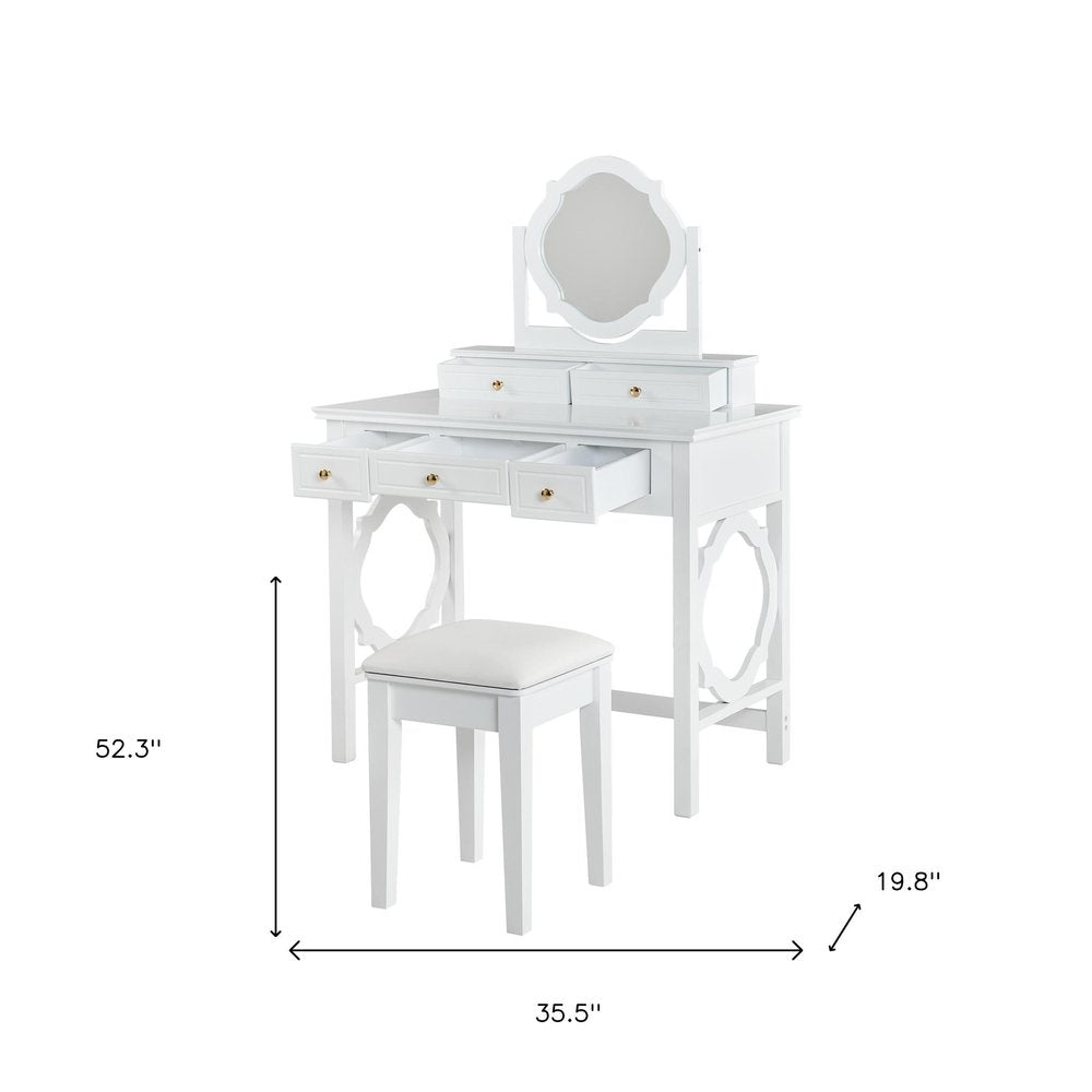36" White Wood Mirrored Five Drawer Vanity Table