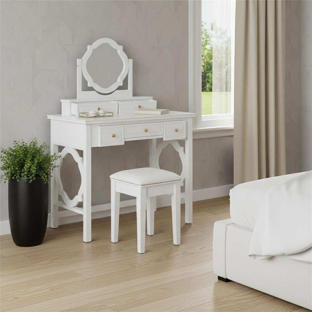 36" White Wood Mirrored Five Drawer Vanity Table