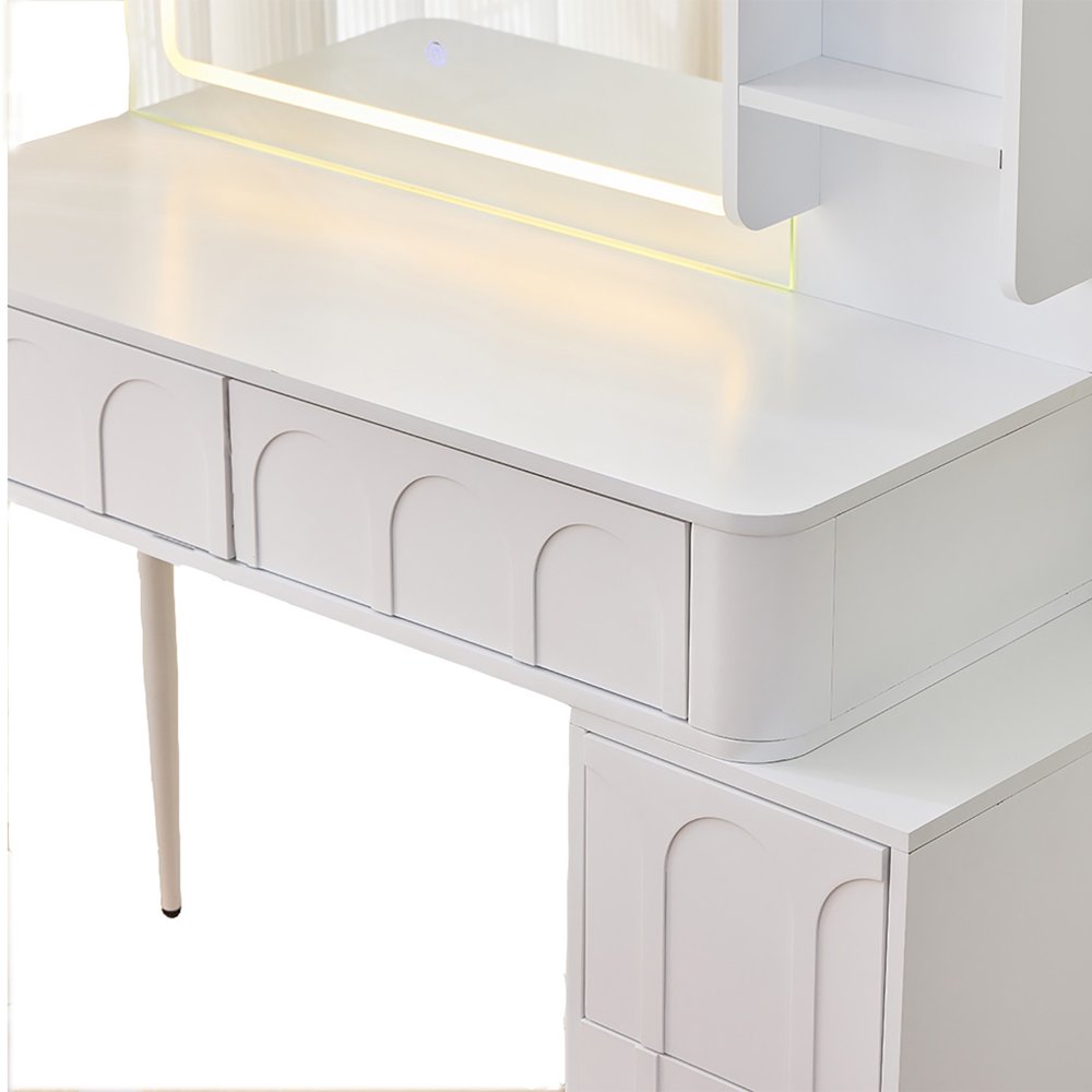 40" White Wood Mirrored Four Drawer Vanity Table And Lights